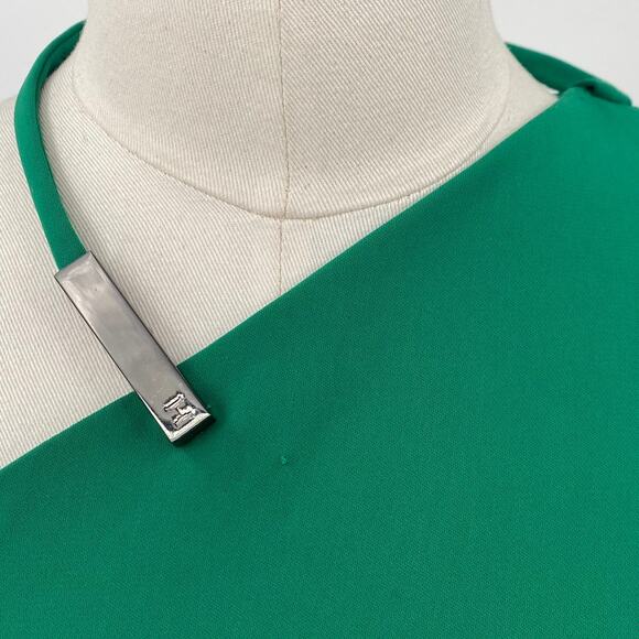 Halston Heritage Mini Dress One Shoulder Halter Choker Strap Asymmetric Green 2 - Picture 6 of 11